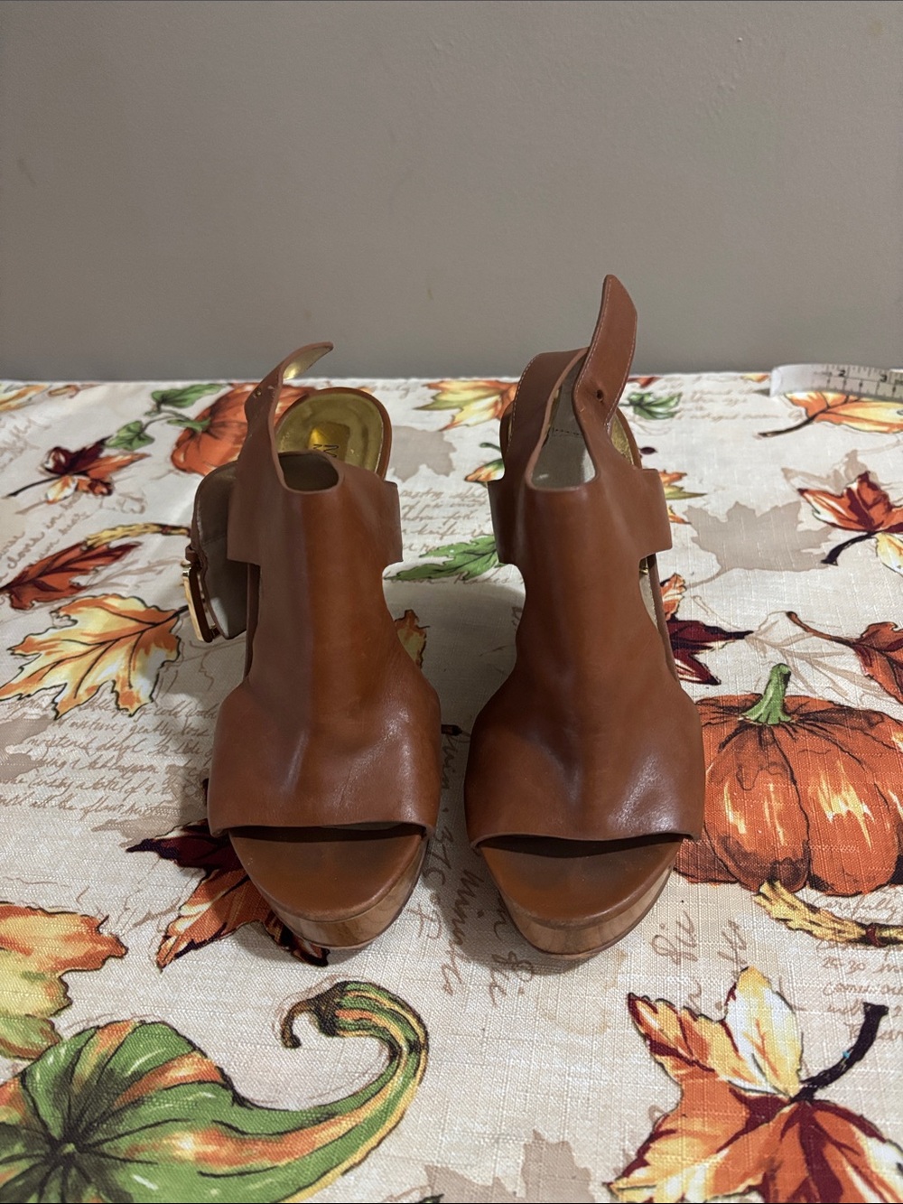 Michael Kors Cognac Leather Peep-Toe Platform Sandals
